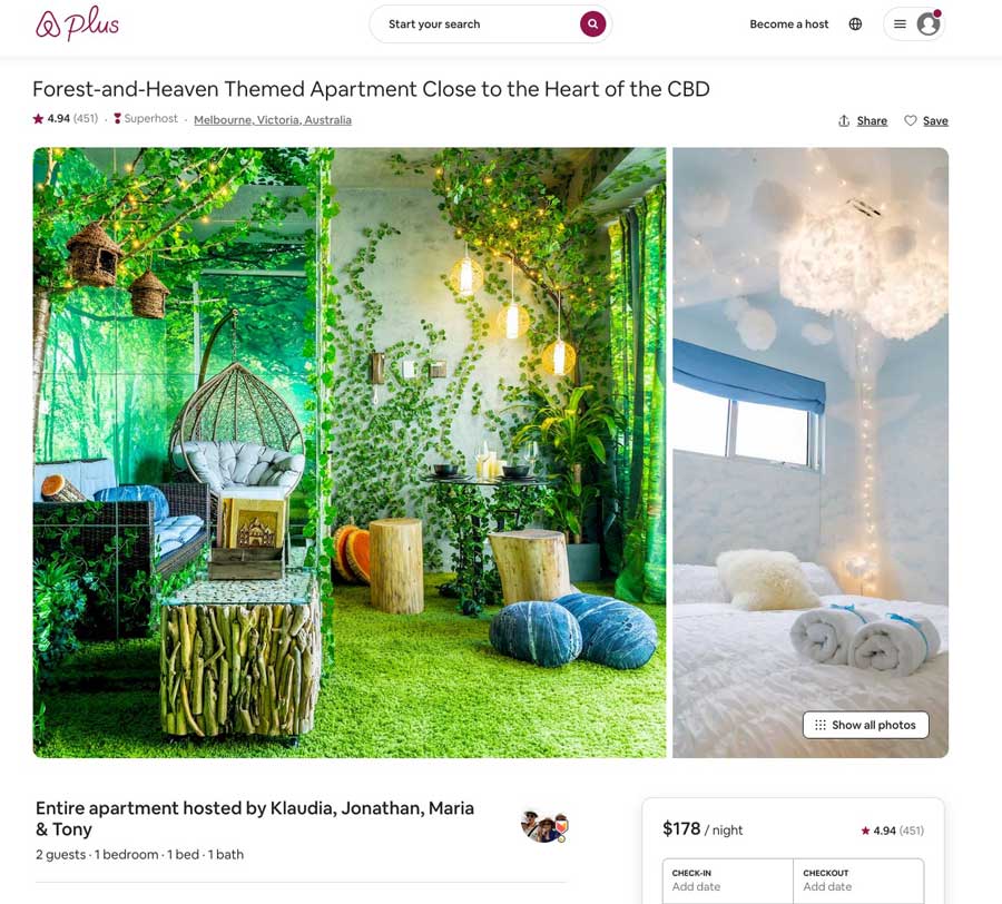 airbnb screenshots of a forest themed room and cloud of heaven room