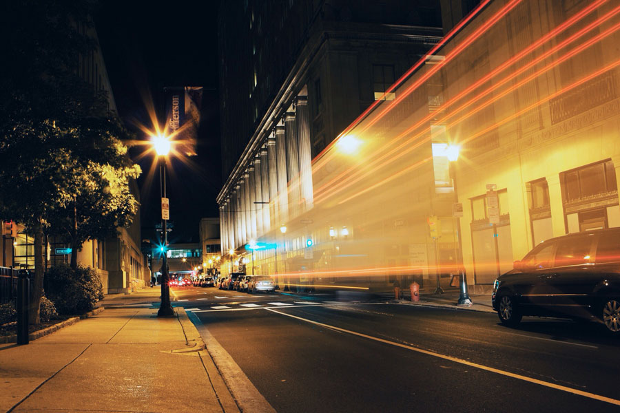 Downtown city lights of the street at night