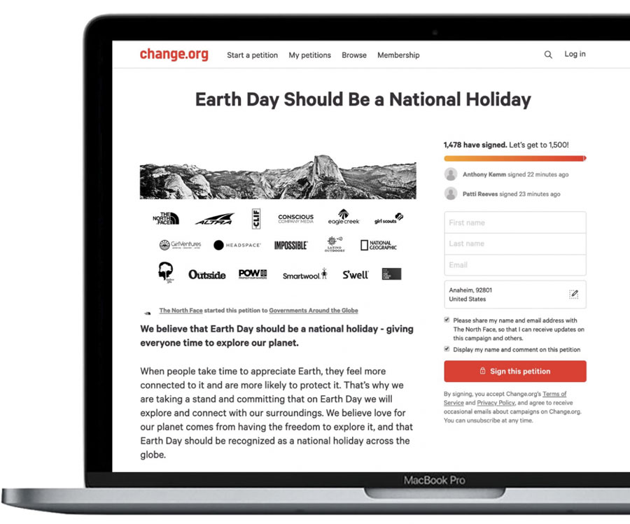 change.org computer screen grab of earth day as a national holiday article