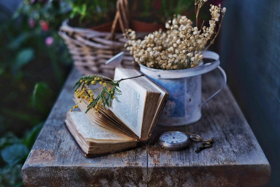 Rustic book with open pages on a table and dried flowers