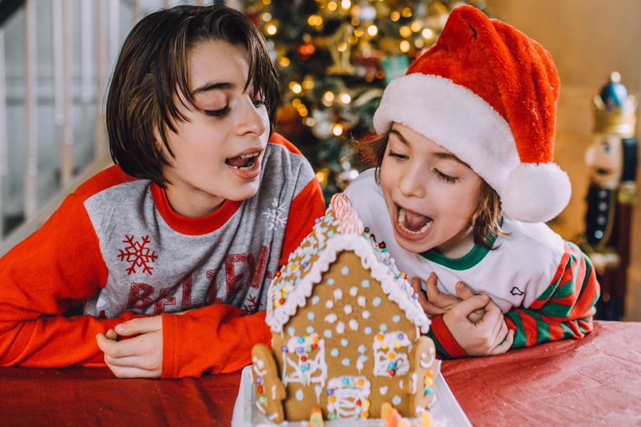 two young boys in awe over gingerbread house